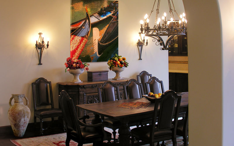 Residential dining room: installation of chandelier and sconces